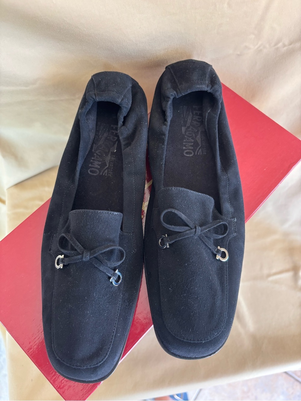 Women’s Black Suede Loafers with Bow Accent